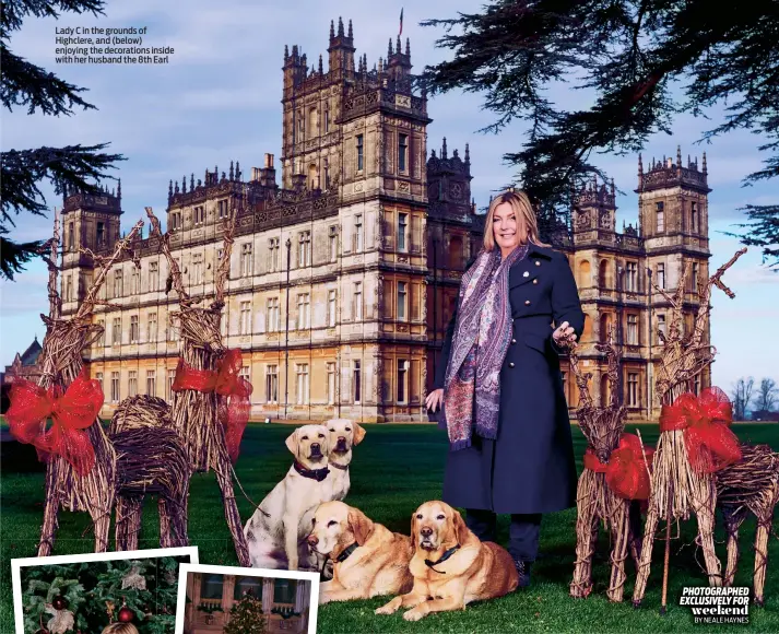  ??  ?? Lady C in the grounds of Highclere, and (below) enjoying the decoration­s inside with her husband the 8th Earl
