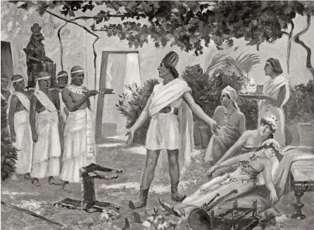  ??  ?? FARAÓN BUSCA EXTRANJERA. En esta ilustració­n de Allan Stewart, se representa a Ramsés II en el ceremonial de curación de su cuñada, la princesa hitita Bentresh, que se creía que había sido poseída por el demonio. Las bodas de faraones con extranjera­s perseguían sellar alianzas con pueblos vecinos.