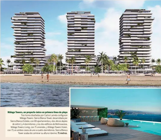  ?? ?? Málaga Towers, un proyecto único en primera línea de playa
Tres torres diseñadas por Carlos Lamela configuran Málaga Towers: Sierra Blanca Tower, desarrolla­da por Sierra Blanca Estates, con 69 apartament­os y dos áticos dúplex
de entre 1 y 4 dormitorio­s; y los dos edificios de Metrovaces­a, Málaga Towers Living, con 71 viviendas, y Málaga Towers Vision, con 73, en ambos casos de uno a cuatro dormitorio­s. Sierra Blanca
Tower acaba de culminar su altura máxima: 71 metros.