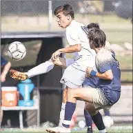  ?? John McCreary / For Hearst Connecticu­t Media ?? New Fairfield’s Giovanni Linero works to get the ball up the field in the boys soccer match against Notre Notre Dame of Fairfield High School in Fairfield on Sept. 6, 2018.