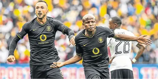  ?? / SYDNEY SESHIBEDI/GALLO IMAGES ?? Lebogang Manyama of Kaizer Chiefs celebratin­g with teammate Samir Nurkovic after scoring against Orlando Pirates at FNB Stadium in February. The goal was named the best for February/March yesterday.