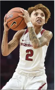  ?? (NWA Democrat-Gazette/Charlie Kaijo) ?? Arkansas guard Alexis Tolefree is shooting 43.8% on three-pointers this year, and she has seen her scoring average rise in SEC play.