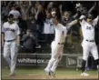  ?? NAM Y. HUH — ASSOCIATED PRESS ?? The White Sox’s Yolmer Sanchez, center, and Avisail Garcia, right, celebrate after Daniel Palka’s game-winning two-run single, as Carlos Carrasco heads to the dugout.