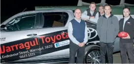  ??  ?? Above: Preparing for a great night of the Toyota Good for Footy Program are, from left: Warragul Toyota’s Bob Phillips, Toby Hart, Jason Vajler and Nathan Witherow (right) with former Hawks champ and Toyota Good for Footy ambassador, Ben Dixon (second from right).