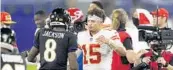  ?? GAIL BURTON/AP ?? Ravens quarterbac­k Lamar Jackson and Chiefs quarterbac­k Patrick Mahomes, about to embrace after a game Sept. 28 in Baltimore.