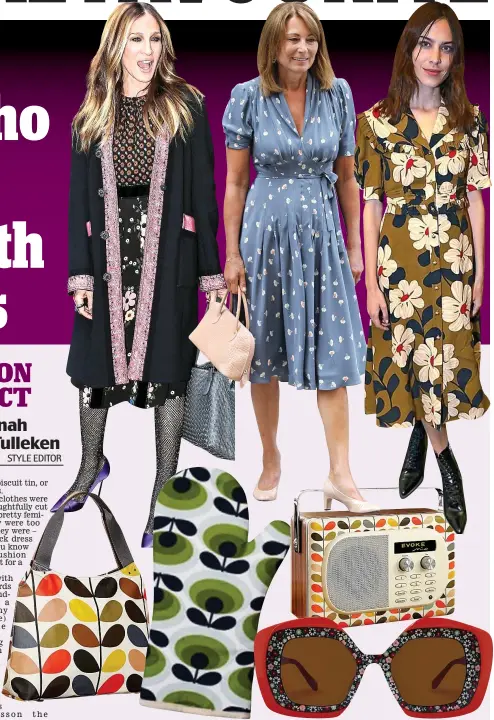  ??  ?? Flower power: Kiely’s designs have been worn by the Duchess of Cambridge and, above from left, Sarah Jessica Parker, Carole Middleton and Alexa Chung. She also sells homeware and accessorie­s