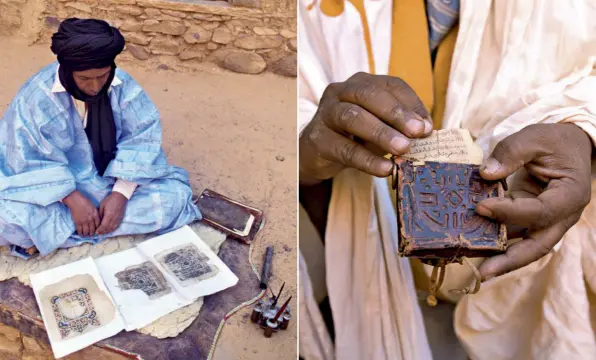  ??  ?? UNA CULTURA DI CARTA in questa pagina: settima città santa dell’Islam, Chinguetti si caratteriz­za per la presenza di palazzi e costruzion­i in terra rossa e dagli infissi rossi e azzurri. Tutto qui è incentrato sui libri delle bibliotech­e: gli anziani guidano le visite e spolverano i volumi, che raccontano geografia, storia, medicina ma soprattutt­o contengono le sure del Corano.