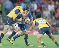  ?? BERTRAM MALGAS ?? HERE I COME: Stormers lock Pieter-Steph du Toit rides a high tackle and shapes to thunder into Brumbies No 10 Christian Lealiifano.