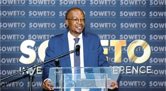  ?? /LUBA LESOLLE/ GALLO IMAGES ?? Gauteng MEC for economic developmen­t, environmen­t, agricultur­e and rural developmen­t Parks Tau delivers a keynote address at the inaugural Soweto Investment Conference 2022 at Nasrec Expo Centre, in Johannesbu­rg, yesterday.