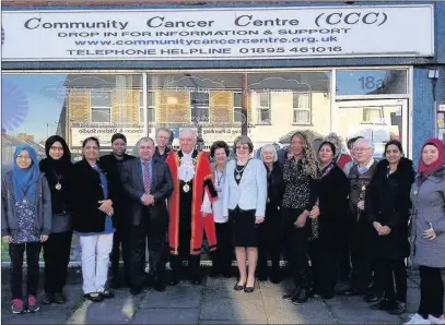  ??  ?? Volunteers at Community Cancer Care in Yiewsley with the Mayor and Mayoress of Hillingdon, John and Diane Hensley