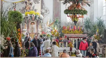  ??  ?? Der Anziehungs­punkt beim Erntedankf­est in Gundelfing­en ist die prächtig gestaltete Stadtpfarr­kirche St. Martin mit ihren vielen Kürbissen und Blumen. Gerade das aus Sa men gelegte Gemälde der heiligen Katharina kam bei den hunderten Besuchern der...