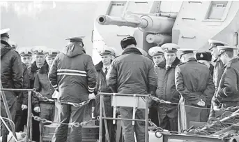  ??  ?? Ukrainian sailors parade on the naval ship Ternopil in Sevastopol bay. — AFP photo