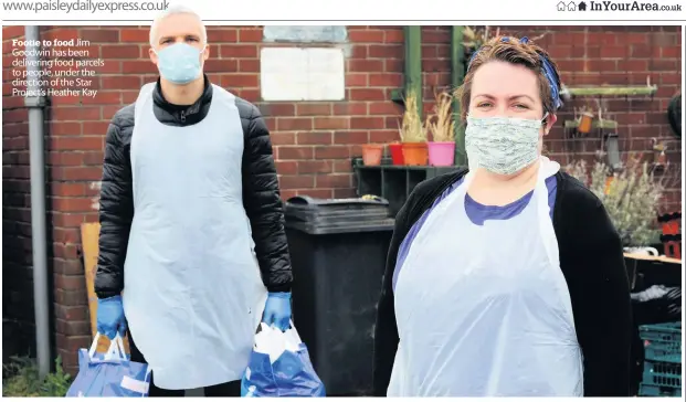  ??  ?? Footie to food Jim Goodwin has been delivering food parcels to people, under the direction of the Star Project’s Heather Kay