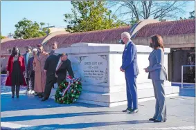  ?? PATRICK SEMANSKY/AP PHOTO ?? President Joe Biden and Vice President Kamala Harris watch Tuesday as Martin Luther King III lays a wreath at the tomb of the Rev. Martin Luther King Jr., and his wife Coretta Scott King in Atlanta.