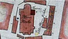  ?? Fotos: T. Tiefenthal, Stadtmuseu­m Fürstenfel­dbruck, Ingo Aigner ?? Der Plan aus dem Jahr 1791 zeigt die Lage des Salzstadel­s vor der Friedberge­r Pfarr‰ kirche St. Jakob.