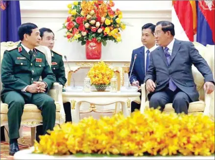  ?? HUN SEN’S FACEBOOK PAGE ?? Prime Minister Hun Sen said he supported joint disaster rescue exercises with Vietnam, after meeting with senior officials from the People’s Army of Vietnam at the Peace Palace on Wednesday.