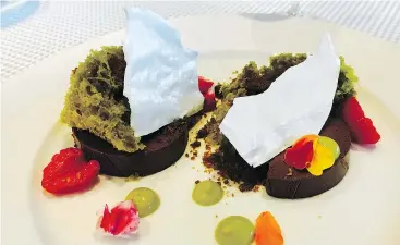  ??  ?? The dark chocolate creme with pistachio sponge had a nice presentati­on style.