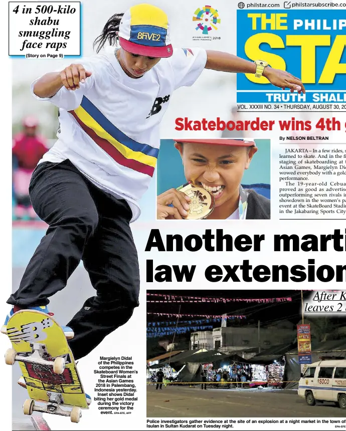  ?? EPA-EFE, AFP ?? Margielyn Didal of the Philippine­s competes in the Skateboard Women’s Street Finals at the Asian Games 2018 in Palembang, Indonesia yesterday. Inset shows Didal biting her gold medal during the victory ceremony for the event.