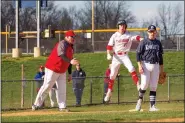  ?? MEDIANEWS GROUP FILE PHOTO ?? Souderton’s Conlan Wall celebrates at third base after hitting an RBI triple in the sixth inning of the Indians’ game against North Penn.