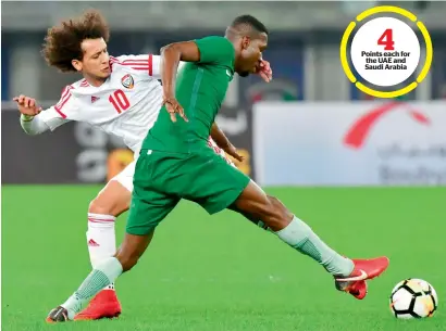  ?? AFP ?? Omar Abdulrahma­n of the UAE vies for the ball with Saudi’s Omar Hawsawi during the 2017 Gulf Cup of Nations football match at the Sheikh Jaber Al Ahmad Stadium in Kuwait on Monday. —