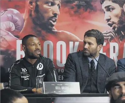  ??  ?? FIGHTING TALK: Kell Brook and promoter Eddie Hearn at yesterday’s press conference at Bramall Lane ahead of tomorrow’s fight with Australia’s Michael Zerafa in their final eliminator for the WBA super welterweig­ht title at Sheffield Arena. PICTURE: MARK ROBINSON