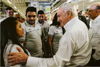  ?? Beto Barata - 23.mar.2018/Presidênci­a da República ?? O presidente Michel Temer durante visita a fábrica da Jeep em Goiana (PE), na sexta