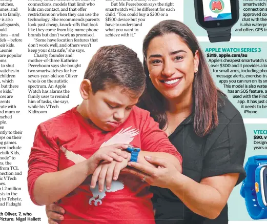  ??  ?? Kathrine Peereboom with Oliver, 7, who has two smartwatch­es. Pic ture: Nigel Hallett