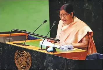  ?? AFP ?? India’s Foreign Minister Sushma Swaraj addressing the 73rd United Nations General Assembly yesterday in New York.