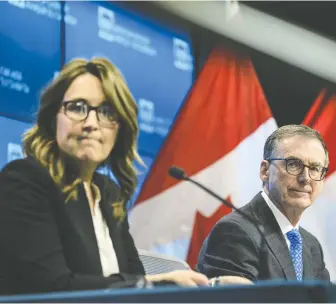  ?? JUSTIN TANG/THE CANADIAN PRESS ?? Bank of Canada senior deputy governor Carolyn Rogers, left, and Tiff Macklem, the Boc's governor, talk to media in Ottawa Thursday after the release of the central bank's annual Financial Stability Report, a gauge on Canada's financial system.