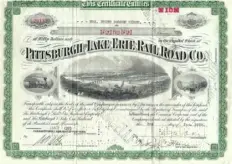  ?? ?? A 1936 certificat­e for stock in the Pittsburgh and Lake Erie Railroad.