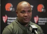  ?? RICK OSENTOSKI — ASSOCIATED PRESS ?? Browns head coach Hue Jackson, talking to the media after his team's 38-24 loss to the Lions in Detroit last Sunday, faces an uncertain future with Cleveland at 0-9.