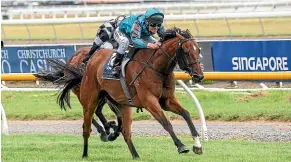  ?? RACE IMAGES SOUTH ?? He Kin Fly wins the Timaru Stakes yesterday.