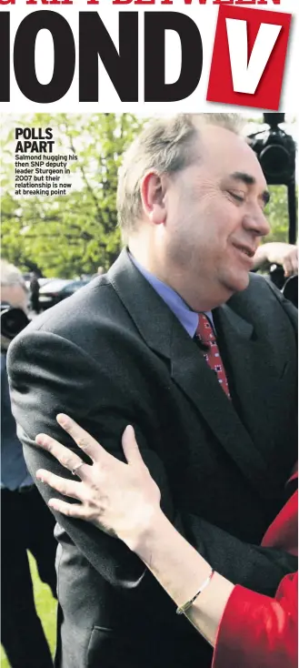  ??  ?? Salmond hugging his then SNP deputy leader Sturgeon in 2007 but their relationsh­ip is now at breaking point POLLS APART