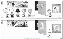  ?? PEANUTS, TOP, KING FEATURES SYNDICATE ?? TOP: A“Peanuts”cartoon in 1999 shows a character, right, at a museum gazing at a painting of the dog Earl from “Mutts.” ABOVE: An upcoming “Mutts” cartoon shows Earl at the museum looking at a framed image of Snoopy.