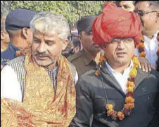  ?? HT PHOTO ?? Haryana Pradesh Congress Committee chief Ashok Tanwar (right) during his visit to Karnal on Saturday.