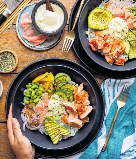  ??  ?? A truly mouthwater­ing feast for four — Smoked Salmon Sushi Bowl with Wasabi Mayo
