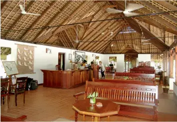  ??  ?? Roofs made of coconut thatch at Marari Beach. Right: Dezika is an art gallery based in an old spice warehouse that exhibits tribal art from all over India.