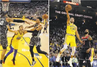  ?? Photos by Carlos Avila Gonzalez / The Chronicle ?? Left, Stephen Curry contends with contact from two San Antonio players in a game last season. Right, Curry’s path to the rim is unimpeded in a game against Washington this season.