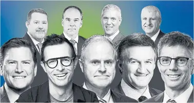  ?? TORONTO STAR PHOTO ILLUSTRATI­ON ?? When the pandemic hit, these CEOs promised pay cuts. But how big a cut did they end up taking? From left, front row: Darren Entwistle (Telus), Calvin McDonald (Lululemon), Robert Geddes (Ensign), Al Monaco (Enbridge), Robert Espey (Parkland Fuel). Top, from left: Alex Pourbaix (Cenovus), Tim McKay (Canadian Natural Resources), Glenn Chamandy (Gildan Activewear) and Ian Edwards (SNC-Lavalin).