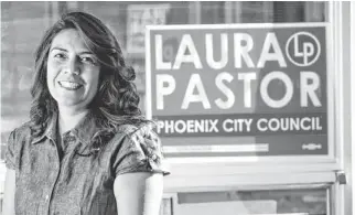  ?? MICHAEL SCHENNUM/THE REPUBLIC ?? Phoenix City Council candidate Laura Pastor stands at her campaign headquarte­rs. Her run for the District 4 seat is her second bid for a position on the council, following the 2007 race.