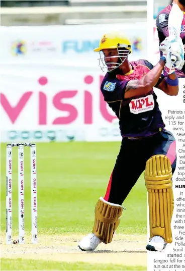  ??  ?? Lendl Simmons of Trinbago Knight Riders hits a boundary during the Hero Caribbean Premier League match 23 against St Kitts & Nevis Patriots at Brian Lara Cricket Academy yesterday.