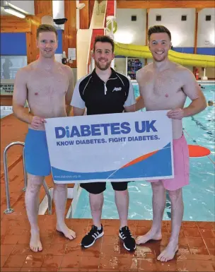  ??  ?? Swimmers Ewen MacEachen, left, and Elliot Dougall, right, about to begin their charity swim for their friend Ben Pollock, centre, and Diabetes UK.