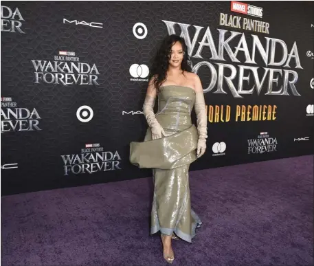  ?? PHOTO BY RICHARD SHOTWELL — INVISION/AP ?? Rihanna arrives at the world premiere of “Black Panther: Wakanda Forever” on Wednesday, Oct. 26, 2022, at the Dolby Theatre in Los Angeles.