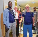  ?? AP ?? French journalist Olivier Dubois (left) and American aid worker Jeffery Woodke arrive at the VIP lounge at the airport in Niamey, Niger, on Monday.