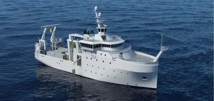  ?? © rollsroyce marine/Freire Shipyard ?? Een simulatie van hoe het nieuwe onderzoeks­schip er zal uitzien. De nieuwe boot, die nog geen naam heeft, loopt van stapel eind 2020.