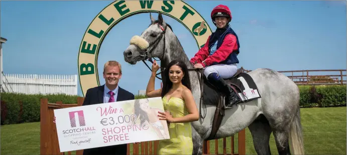  ??  ?? Peter Dolan Scotch Hall Centre Manager, Dawn Finnegan Best Dressed Ambassador, and Jockey Michelle Hamilton.