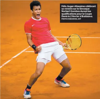  ?? PHOTO D’ARCHIVES, AFP ?? Félix Auger-aliassime célébrant sa victoire sur le Slovaque Norbert Gombos durant les qualificat­ions pour la Coupe Davis le 2 février à Bratislava.