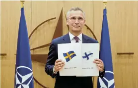  ?? Picture: JOHANNA GERON/REUTERS ?? MAJOR DECISION: Nato secretary-general Jens Stoltenber­g attends a ceremony to mark Sweden and Finland’s applicatio­n for membership in Brussels, Belgium, yesterday