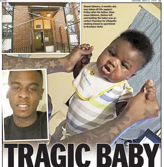  ??  ?? Christina Carrega Gianni Gilmore, 6 months old, was taken off life support Friday after his father, Shatwuan Gilmore, (below left and holding the baby) was arrested Thursday for allegedly shaking Gianni in apartment in Brooklyn (left).