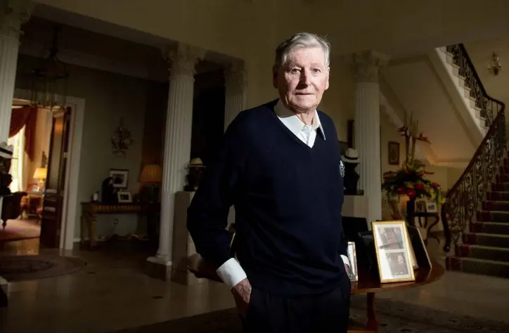  ??  ?? HOME COMFORTS: Dr Michael Smurfit (82) at his K Club home in 2016. His jet-set lifestyle will be grounded until at least the end of October after a hip operation went awry. Photo: Mark Condren